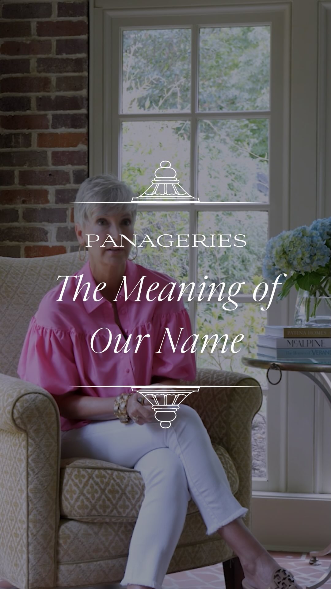 Cynthia sitting in a chair explaining how the name Panageries came to be